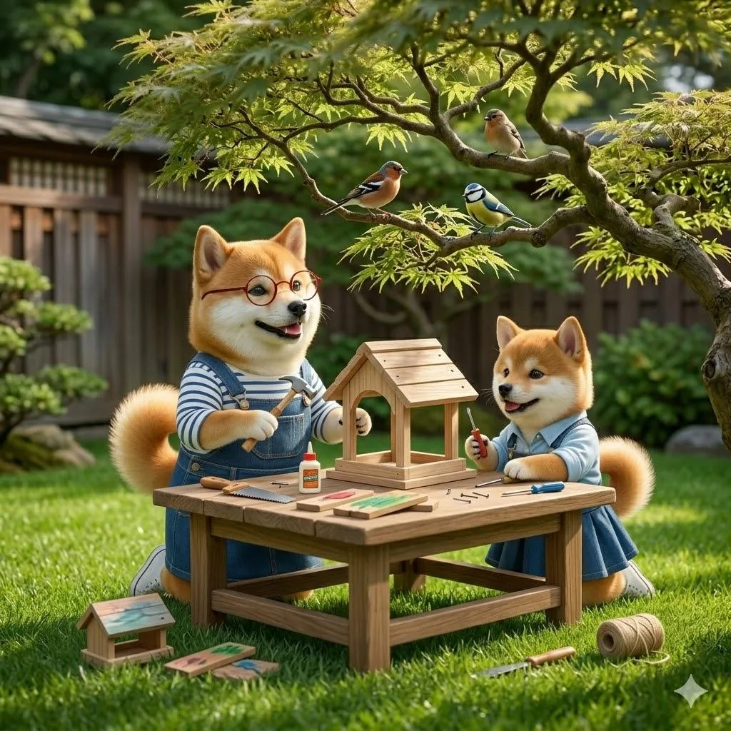 庭で仲良く過ごす柴犬たち